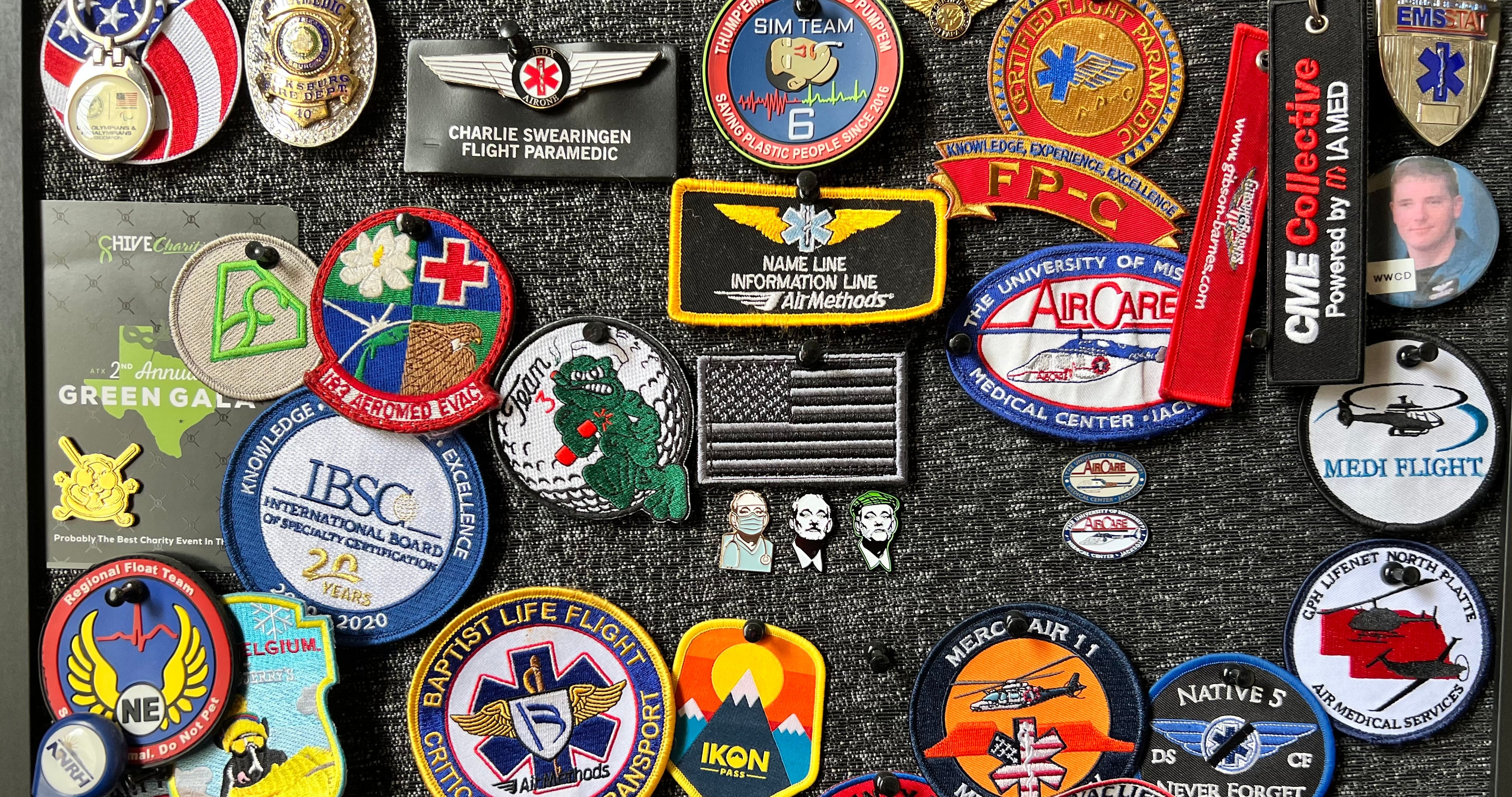 A close up pf a flight paramedic's badges